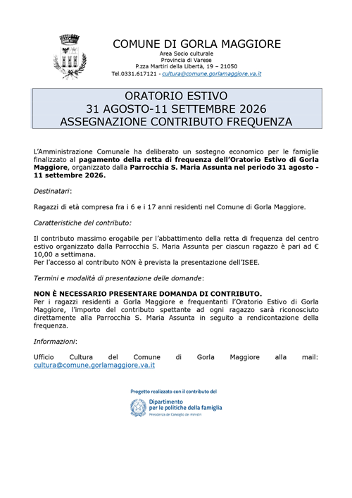 Avviso contributo oratorio estivo organizzato dalla Parrocchia S. Maria Assunta per settembre 2026