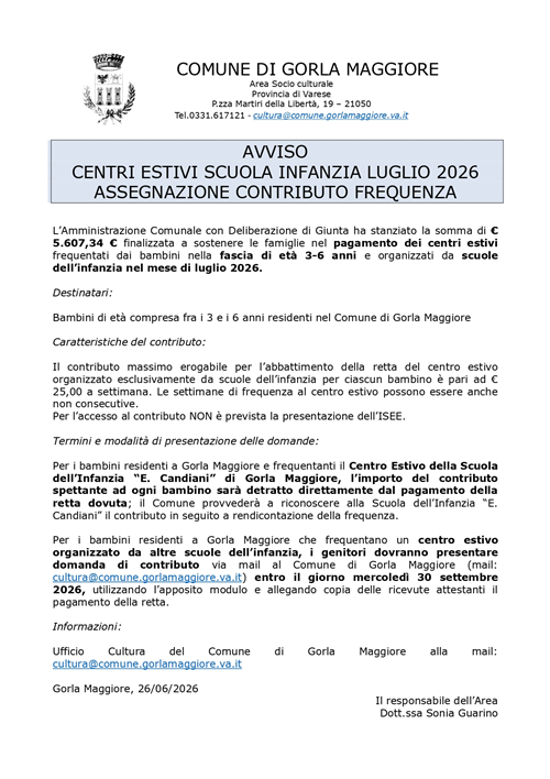 Avviso centri estivi della scuola dell'infanzia per luglio 2026