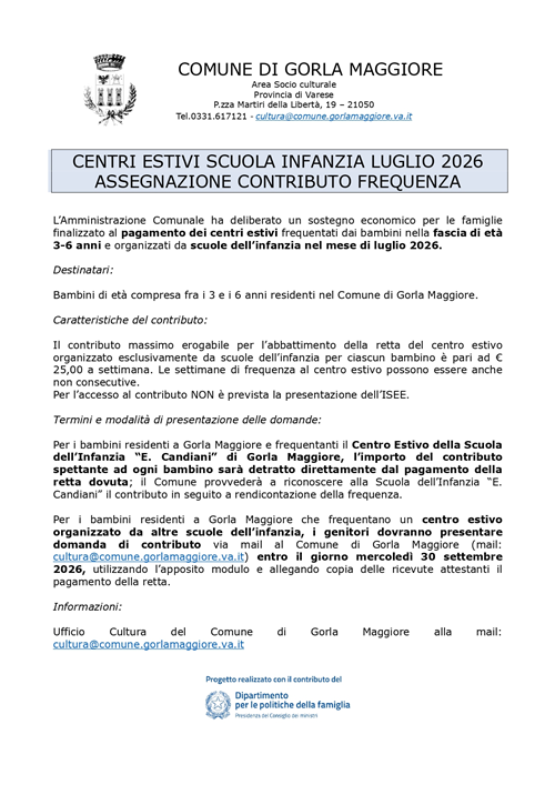 Avviso centri estivi della scuola dell'infanzia per luglio 2026
