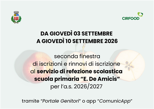 Mensa Scolastica a.s. 2026/2027: Seconda finestra per iscrizioni e rinnovi scuola primaria "E. De Amicis"