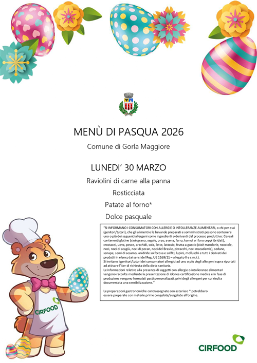 Servizio di refezione scolastica, scuola primaria De Amicis, Menù di Pasqua 2026