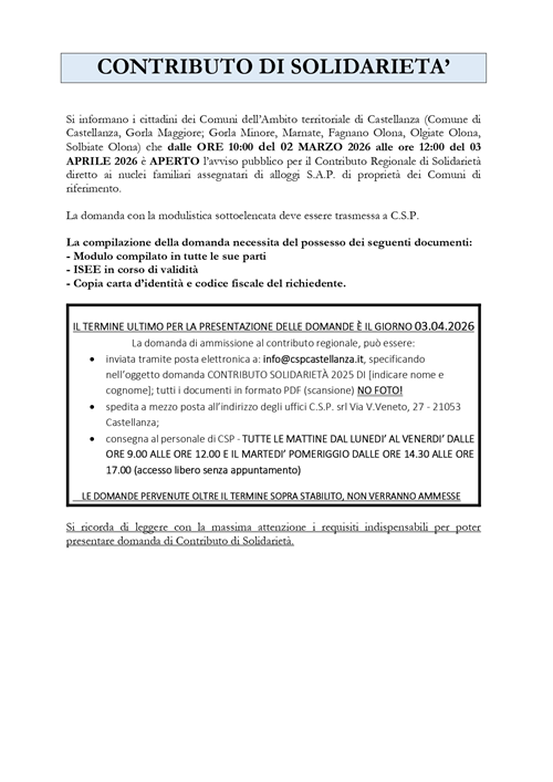 Avviso pubblico - Contributo di Solidarietà 2026